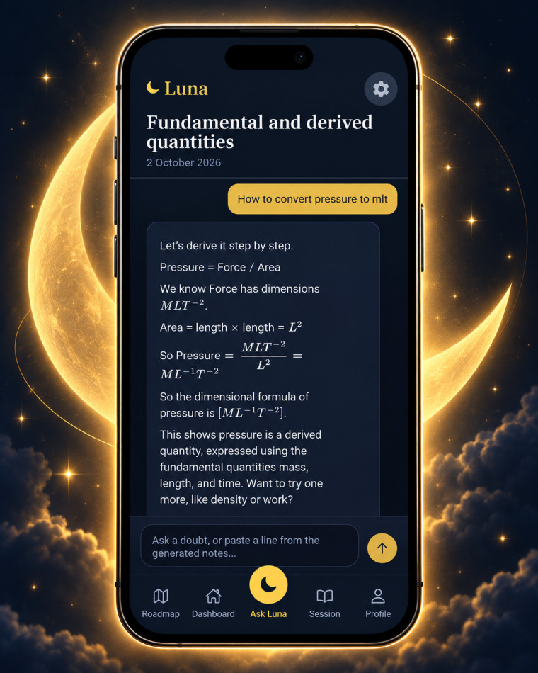 Ask Luna chat deriving the dimensional formula of pressure