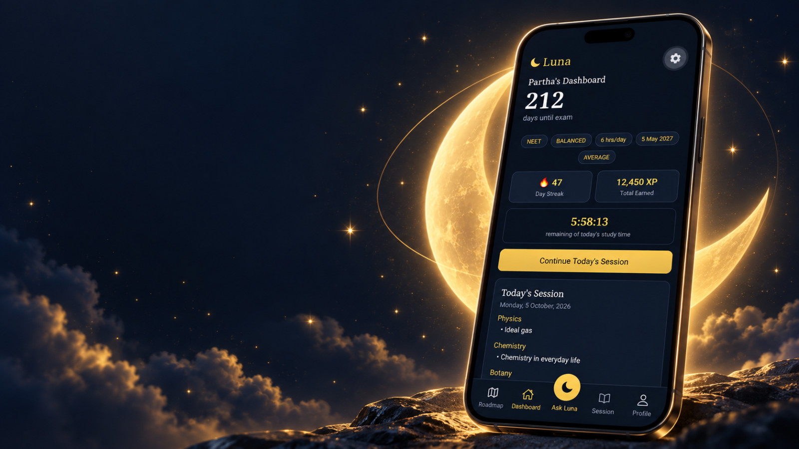 Luna app dashboard on a phone in front of a golden crescent moon